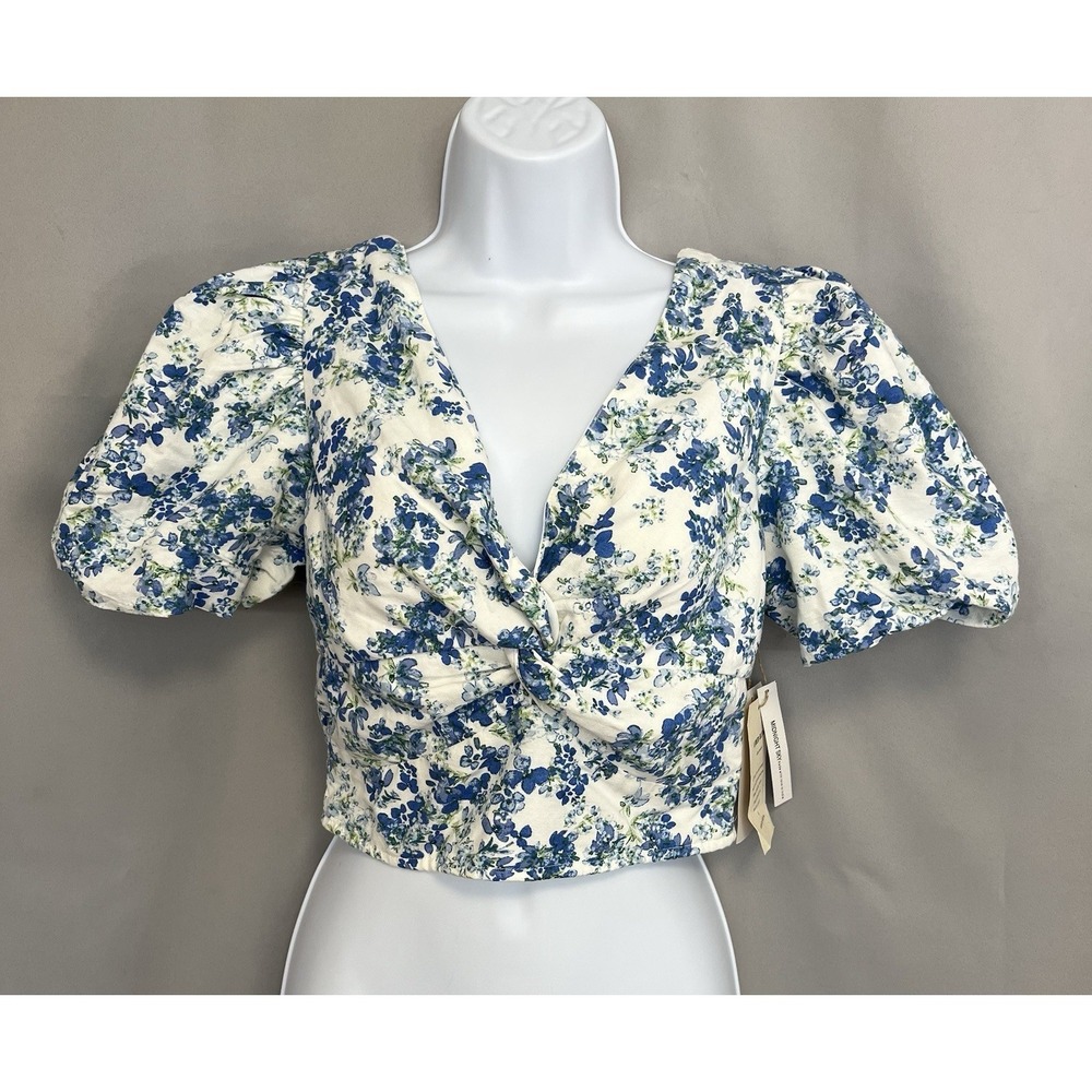 Midnight Sky V-neck Crop top Puff Sleeves Blue Floral Cotton Linen Blend Med New